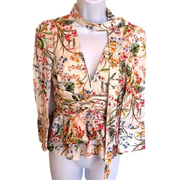 Hellessy Fitted Tie Front Floral Blouse with Ruffled Peplum Plunging V Neck s 2 - Picture 1 of 16